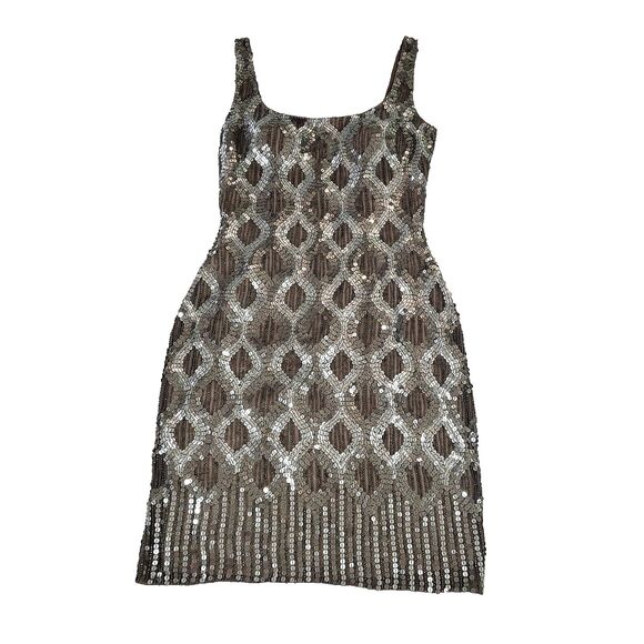 Scala Silk Sequin Beaded Cocktail Dress 2 Silver sheath Lined Sleeveless formal - Picture 1 of 16